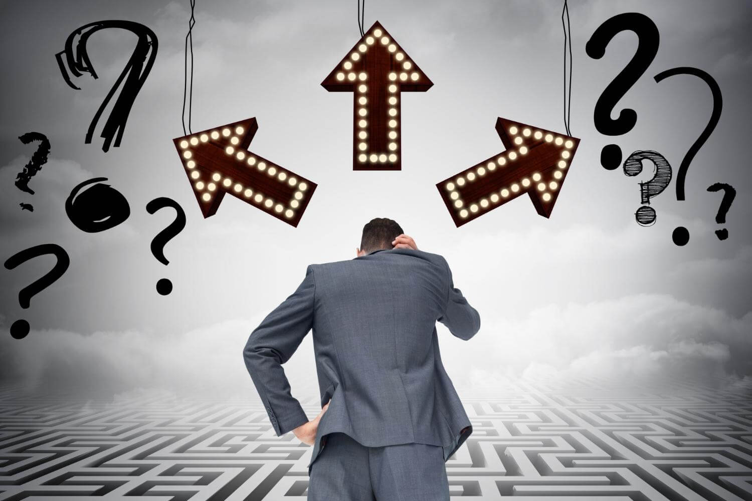 Man with arrows and question marks with a maze